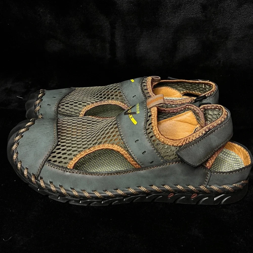Asifn Mens 47 Shoes Green Leather Mesh Force Comfort Athletic Driving Sandals